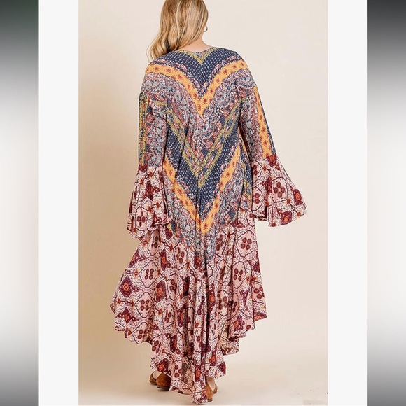 Umgee Long Duster Kimono Cardigan Boho Bohemian Ruffle Bell Sleeve - Picture 4 of 11